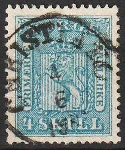 FRIMÆRKER NORGE | 1863 - AFA 08 - 4 sk. blå - Stemplet